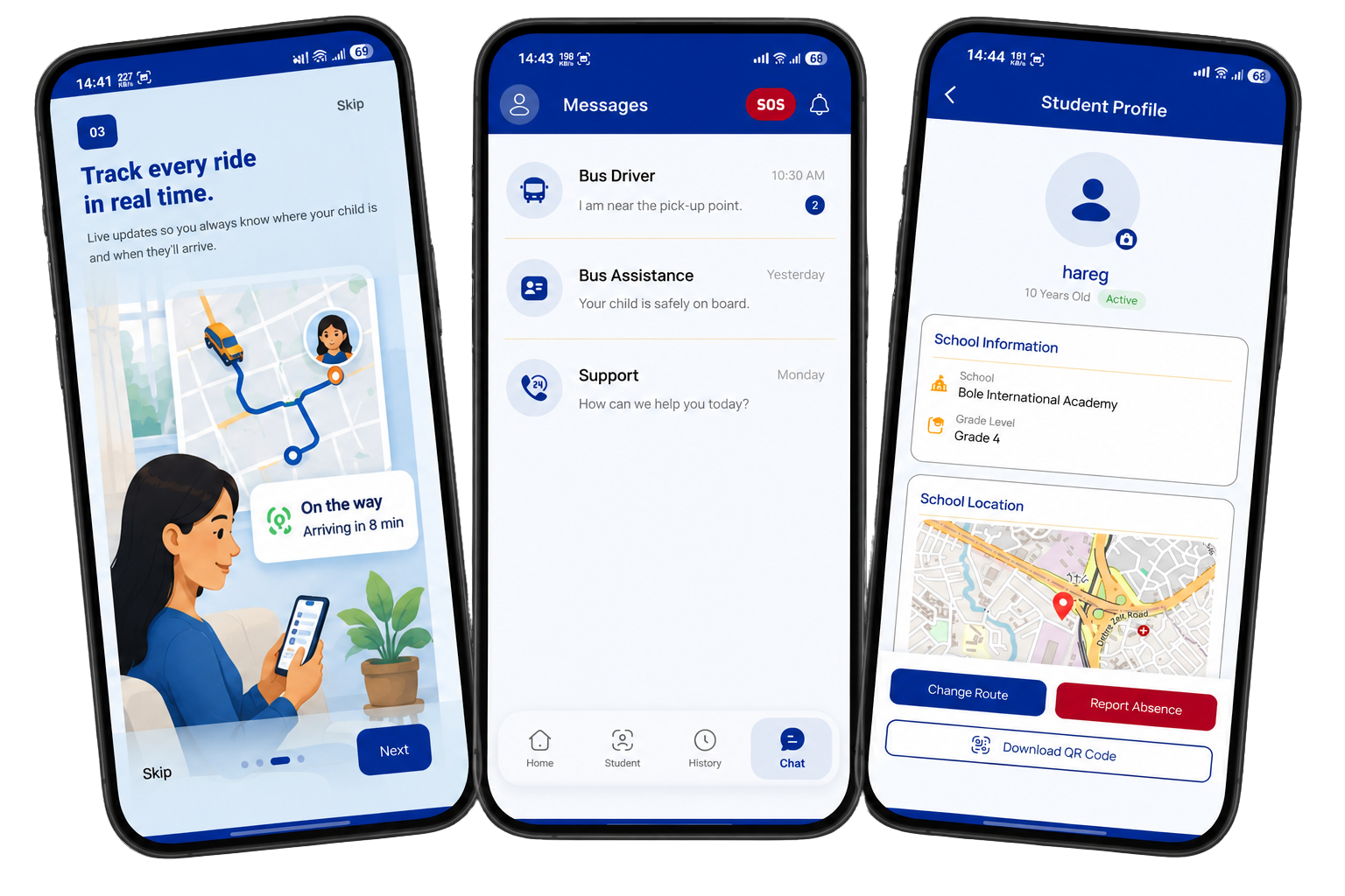 MamaSafe Ride app screens showing live tracking, boarding alert and parent–driver chat